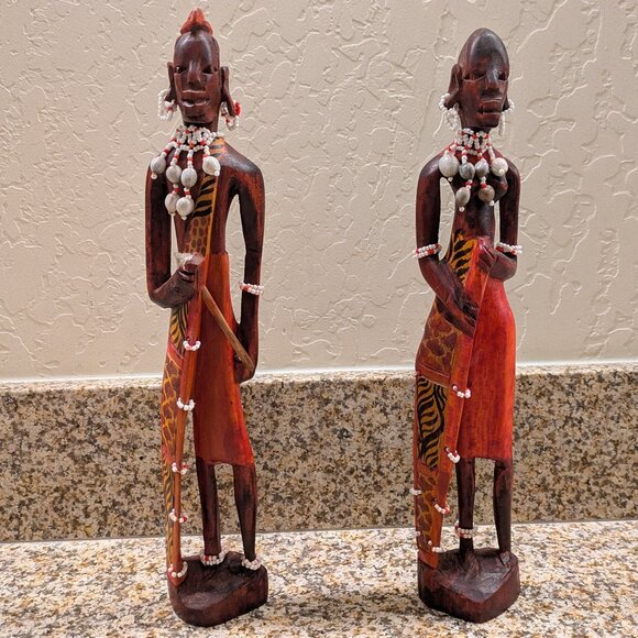 Vintage Hand Carved Wooden African Man & Woman Warrior Statues - Picture 1 of 7